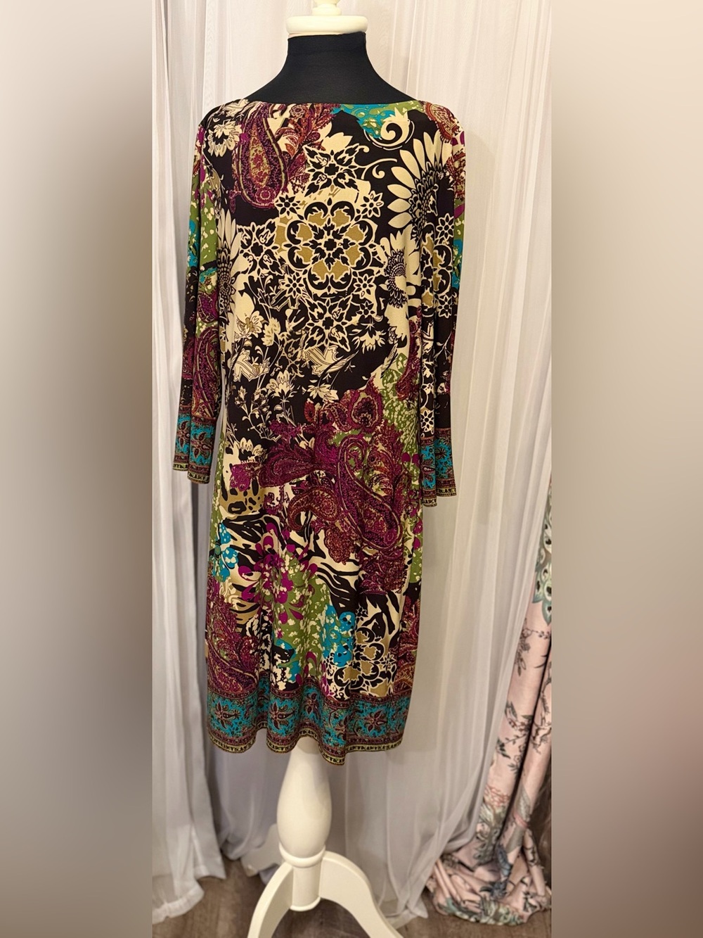 🌺 ECI New York Paisley Floral Stretch Dress Size L Boho Retro EUC 🌺